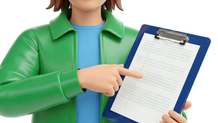 3D Character Showing Clipboard with Lined Paper