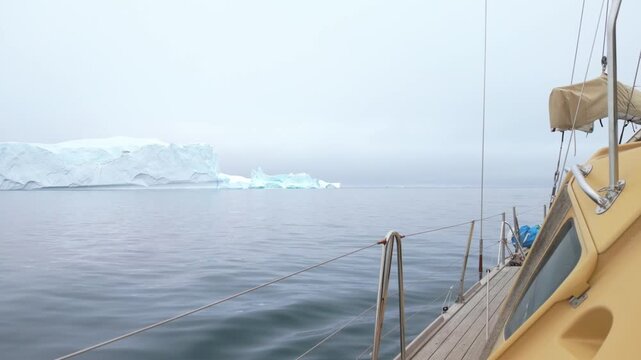 Side view of sailing boat passes massive iceberg in foggy Arctic waters