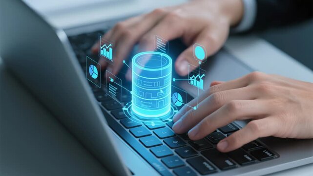 Data warehouse. Integrated database for business data analysis. Businessman leveraging business intelligence on laptop computer.