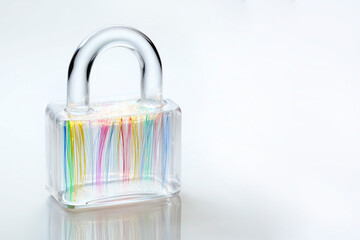 Whimsical surreal representation of cyber protection with clear lock and glowing optical fibers.