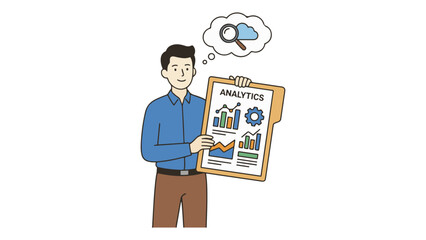 Person holding Analyst Presenting Data Analytics Report With Charts and Metrics on Clipboard Illustration