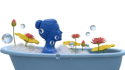 Blue Woman's Head Sculpture in Bathtub with Lotus Flowers and Bubbles