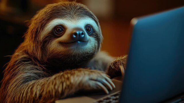 A sloth sits in front of a laptop screen, seemingly engaged and content.