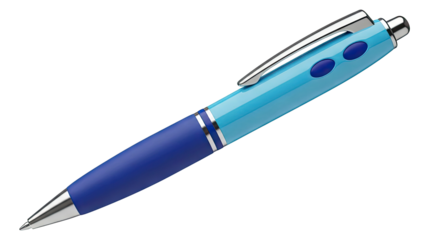 Two-tone blue ballpoint pen with silver accents and clicker buttons