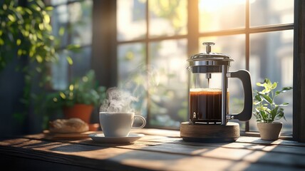 Rustic mug being filled with coffee from French press in sunlit kitchen.