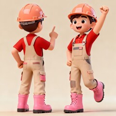 Two animated construction worker characters in red shirts beige overalls and pink boots one pointing upwards and the other raising a fist in a cheerful pose.