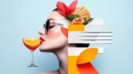 Stylized illustration of woman enjoying healthy meal in bold lines.