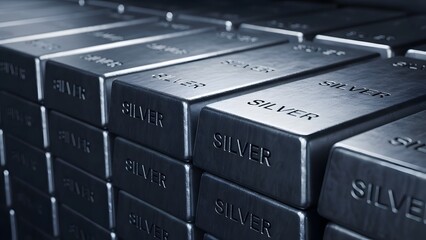 Stacked silver bullion bars with the word silver stamped deeply into the metal creating a reflective texture emphasizing wealth and secure investment assets.