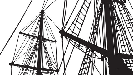 Obraz premium Silhouette of a ship's masts and rigging against white