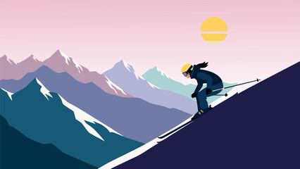 Vector illustration of a skier descending a snowy slope with majestic mountains and a sunset in the background © PDWN Creative