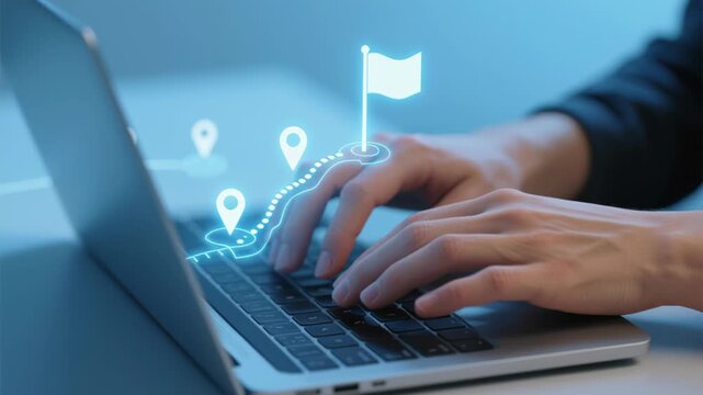 Roadmap of business and development. Goal setting strategy and milestones. Businessman planning project on laptop computer.