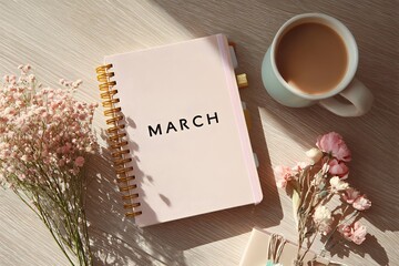 March Planner Flat Lay With Spring Decor