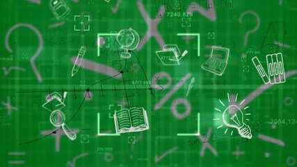 Animation of school supplies over digital data processing - Powered by Adobe