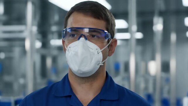 Industrial worker wearing safety glasses and respirator mask in modern factory