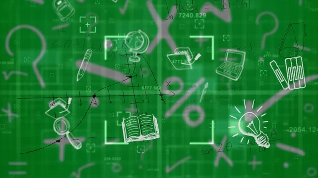 Animation of school supplies over digital data processing