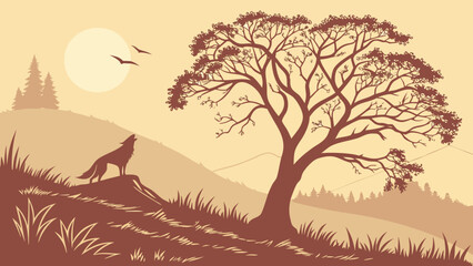 A brown silhouette of a wolf standing on a hill with a tree and mountains in the background at sunset