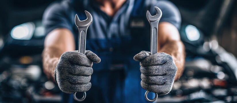 A mechanic holding a wrench over the engine of his car, ready to begin work on a boutique repair service in a garage.