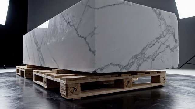 Large Rectangular White Marble Slab with Gray Veins Resting on Wooden Pallets in a Studio with Dramatic Lighting