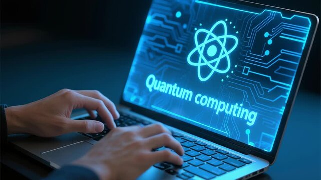 Accessing quantum computer via cloud. Solving complex optimization problems. Businessman using quantum cloud service on laptop computer.