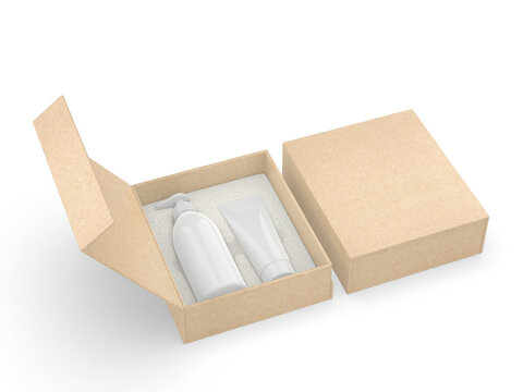 Eco-friendly cosmetic packaging with blank skincare bottles placed in biodegradable mushroom mesh tray and seaweed-based protective insert, presented in a minimal white box. Sustainable packaging conc