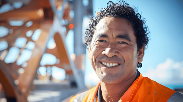 Smiling male construction worker wearing bright orange safety vest stands confidently in front of industrial machinery, showcasing dedication and professionalism in a vibrant outdoor environment - Powered by Adobe