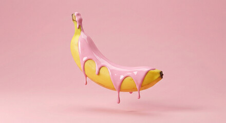 Floating banana with dripping pink paint on pink background, creative art gallery or fruit juice branding