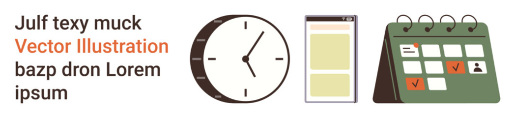 Productivity, time tracking, task scheduling, resource planning, event management, appointment setting. Clock, smartphone and calendar displayed. Productivity and time tracking concept