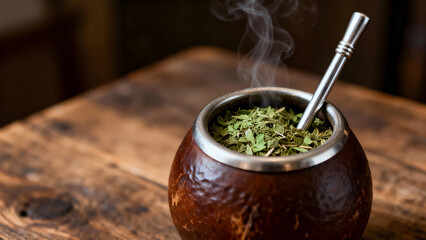 Traditional South American Yerba Mate tea in a calabash gourd with silver bombilla
