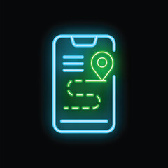 Obraz premium Neon smartphone showing gps app with destination point and route on screen