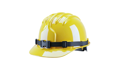 Yellow hard hat with black strap and buckle on a white background