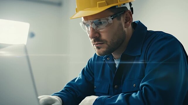 Focused Male Construction Worker Wearing Yellow Hard Hat Safety Glasses and Blue Uniform Typing on Laptop in Brightly Lit Workspace with Soft Lens Flare