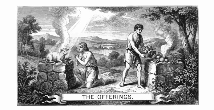 The Offerings

Cain and Abel presenting their offerings to God, Abel offering a lamb while Cain offers fruits of the field, smoke rising unevenly toward the heavens, open countryside with distant hill