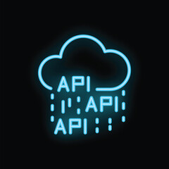 Blue neon icon of a cloud raining apis, representing the concept of application programming interface
