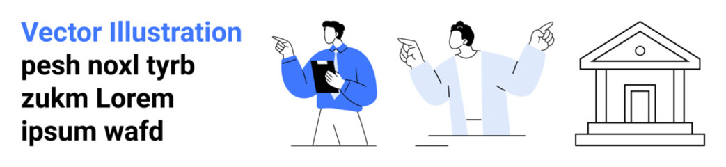 Business strategy, education, teamwork, decision making, career development, success. Two people pointing with a clipboard and a public building outline. Business strategy and education concept