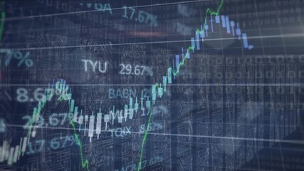 Animation of financial data processing and screens with microprocessor connections over server room - Powered by Adobe