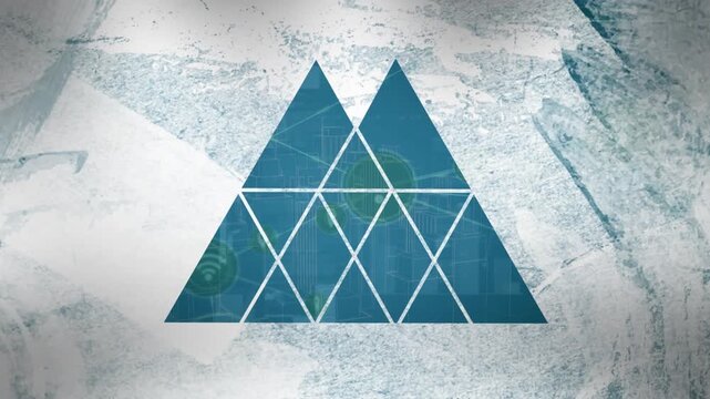Animation of geometric triangular shape and grunge overlay against data processing