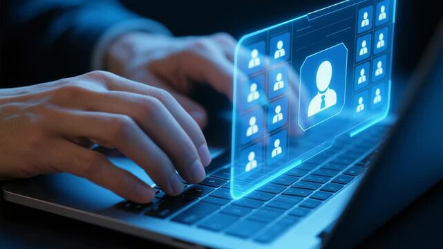 Customer data management and employee data management. CRM customer relationship management. Businessman using laptop computer to manage data.
