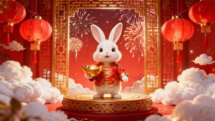 A festive white rabbit dressed in traditional red attire holds a golden ingot surrounded by red lanterns and fireworks against a vibrant backdrop.