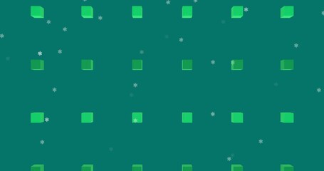 Animation of snowflakes falling over 3d structures in seamless pattern against green background - Powered by Adobe