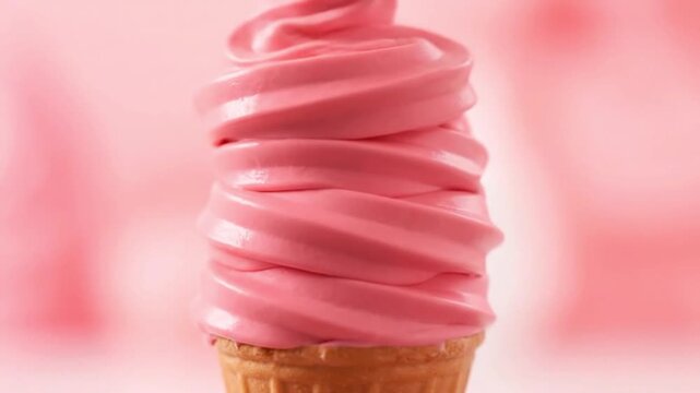 ​Pink strawberry soft serve ice cream swirling in waffle cone