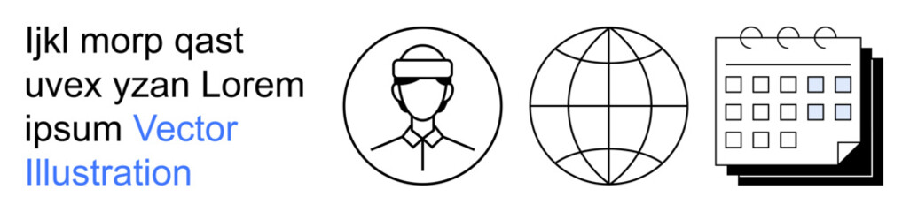 Obraz premium Global communication, time management, professional identity, organization, networking, scheduling. A globe, a calendar and a person avatar icon. Global communication and time management concept