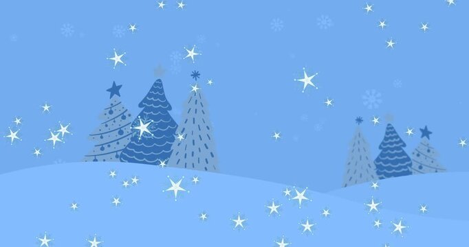 Animation of star icons falling over christmas trees on winter landscape with copy space