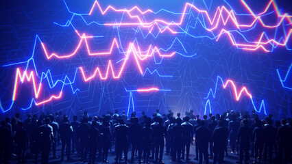 A large group of people observing a complex data visualization of financial trends