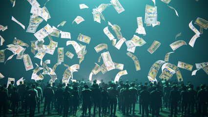 People watching money falling from the sky, representing wealth and success