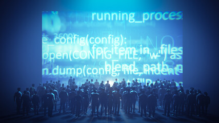 Audience watching presentation on screen displaying data programming code