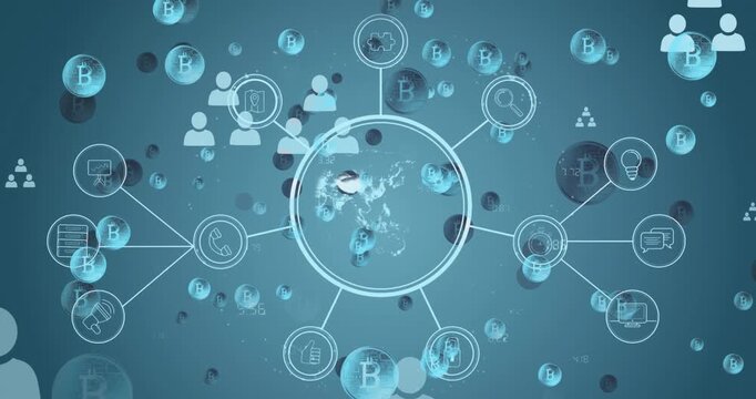 Animation of globe with network of connections with bitcoin icons and data processing