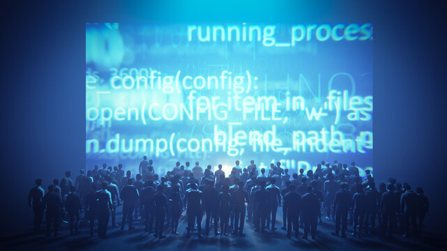 Audience watching presentation on screen displaying data programming code - Powered by Adobe