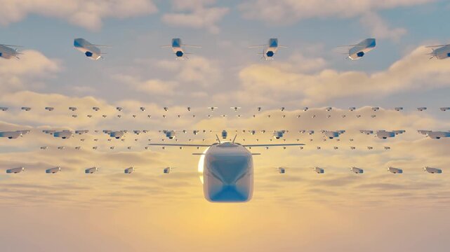 A large formation of next-generation autonomous glide bombs flying in precise coordination while executing a large-scale modern military strike on designated targets.