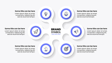 Infographic template. 6 connected circles with icons