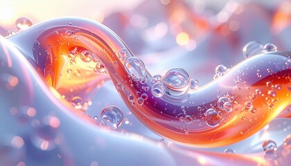Dynamic abstract fluid motion of translucent liquid with colorful bubbles and soft bokeh lighting effects